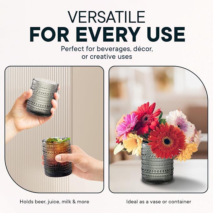 12 Oz Hobnail Drinking Set, Smokey Gray, Set of 12