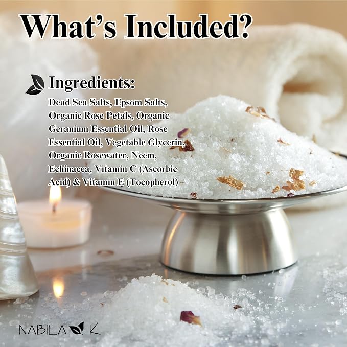 Organic Rose Bath Salts for Women & Men - Dead Sea Salt & Epsom Salt Soak and Scrub - Organic Rose Petals & Geranium Oil, Cruelty-Free, Sulfate-Free | 8 oz | Nabila K