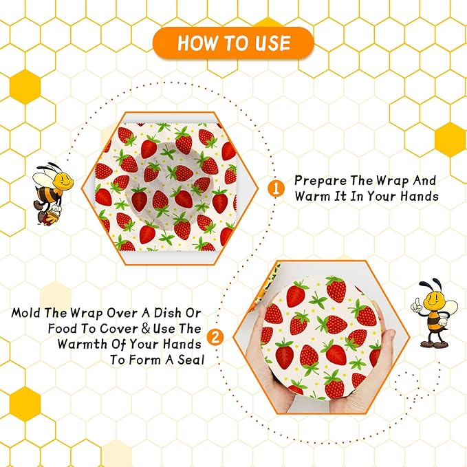 Reusable Beeswax Wrap - 9 Pack, Beeswax Wraps for Food, Eco-Friendly Beeswax Food Wrap, Organic, Sustainable, Biodegradable, Zero Waste, Plastic-Free Food Storage (Orange | Strawberry | Blueberry)