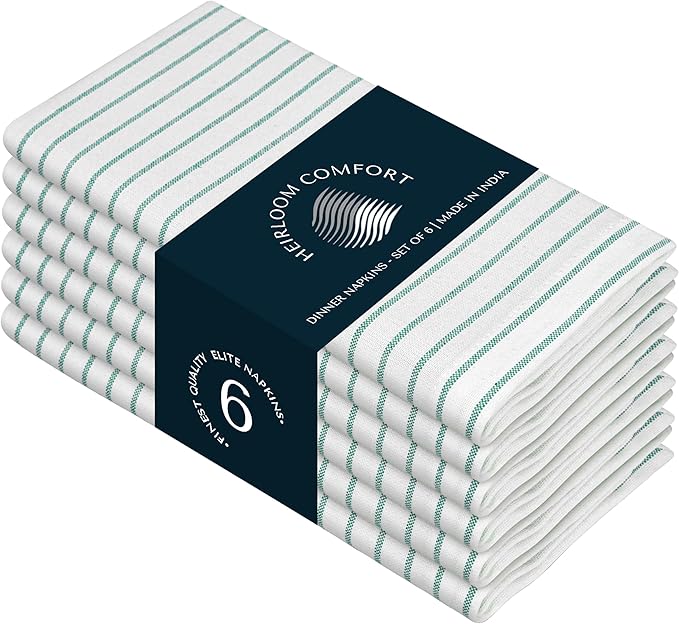 Sea Green Stripe Dinner Napkins (Set of 6), 18x18 Inch, 100% Cotton, Machine Washable, Classic Striped Cloth Napkin for Beach Lunches, Formal Events, Outdoor Dining & Everyday Use