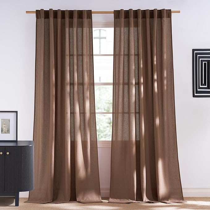 NICETOWN Linen Gold Brown Curtains for Living Room, Rod Pocket & Back Tab Privacy Added Thick Linen Weave with Light Filtering Window Treaments for Bedroom, W55 x L102, 2 Panels