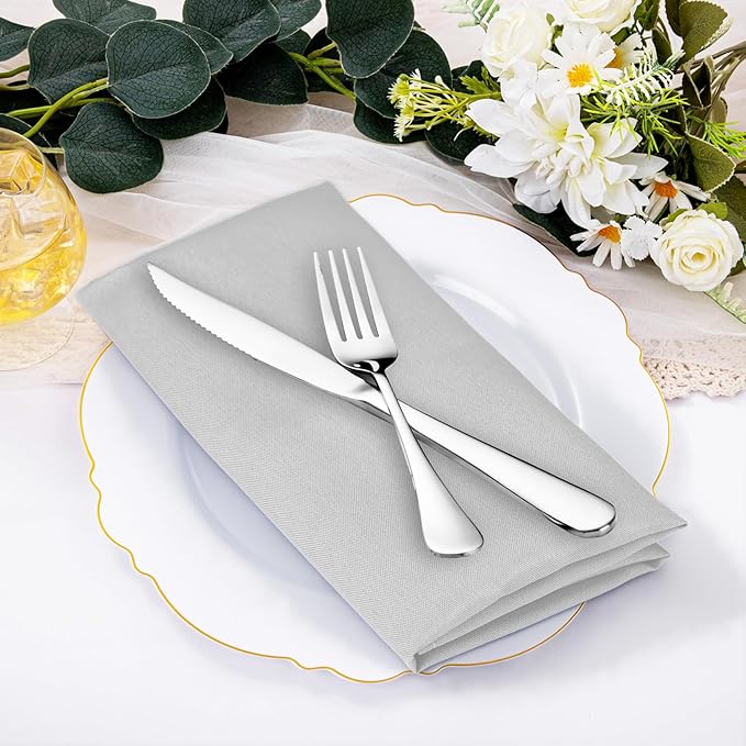 SuperO Set of 40 Cloth Napkins 17 x 17 Inch, Polyester Solid Washable Dinner Napkins with Hemmed Edges,Great for Restaurant, Wedding and Party(Silver)