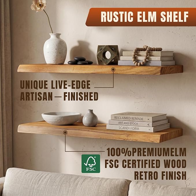 32" Live Edge Floating Shelves, Solid Elm Wood Shelf, Set of 2 | 1.4" Extra Thick, 9.3" Deep Heavy Duty Storage, Natural Finish for Kitchen & Living Room