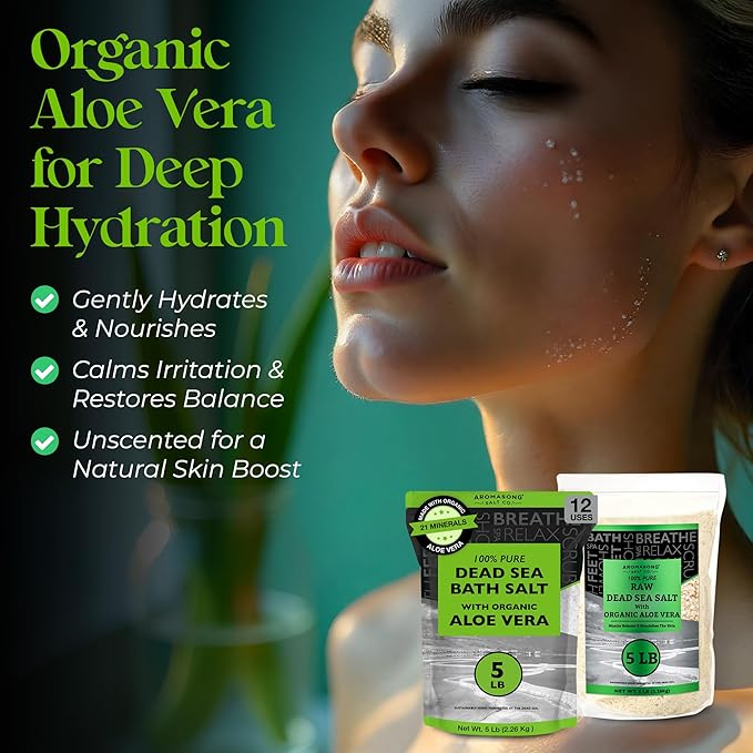 Aromasong Dead Sea Salt with Organic Aloe Vera, Spa Bath Salts, 5 Lbs Fine Bulk resealable Pack, 100% Pure & Natural, Soak for Women & Men for Tired Muscles & Skin Issues (Packaging May Vary)