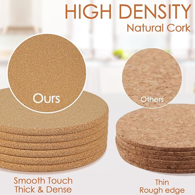 6 Pack Cork Trivets for Hot Dishes, 8" High-Density Thick Pads for Pots and Pans, Heat Resistant Kitchen Mats, Multifunctional Corkboard for Plant Coasters and DIY Crafts Trivets for Hot Pots and Pans
