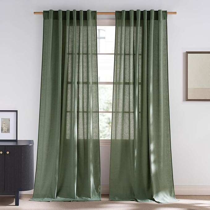 NICETOWN Flax Linen Forest Green Curtains for Large Windows, Rod Pocket & Back Tab Privacy with Light Filtering Linen Blend Window Treatments for Bedroom/Living Room, W55 x L108, Set of 2