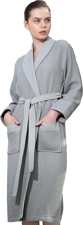SEYANTE Women's Organic Cotton Waffle Kimono, Hooded Robe – GOTS Certified Lightweight Full-Length Spa Bathrobe with Piping