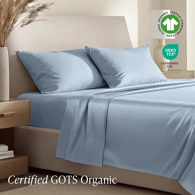 Bare Home 100% Organic Cotton King Sheet Set - 400 Thread Count - Smooth Sateen Weave - Breathable & Cooling - Hotel Luxury Set - Deep Pocket Bed Sheets (King, Dusty Blue)