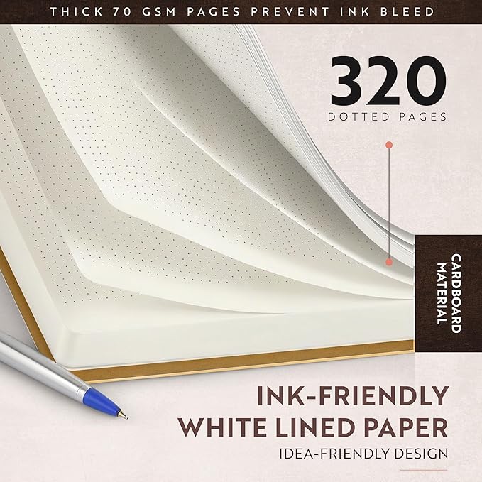 moonster Dot Grid Journal Notebook Paper for Refillable Leather Journals – A5 Hardcover 70gsm Dotted Notebooks for Work 8.25 x 5.75 Inches with 320 Page Refill Note Book and Helpful Bookmark