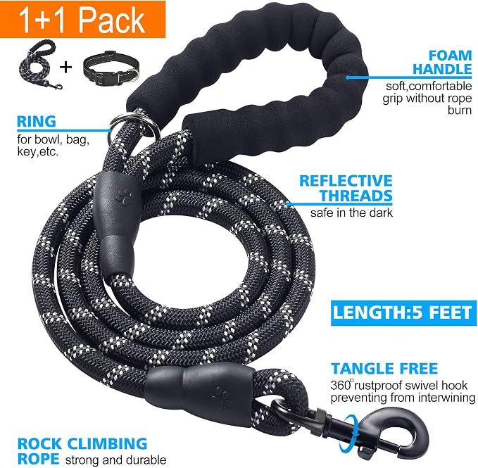 Ladoogo Reflective Dog Collar Padded with Soft Neoprene Breathable Adjustable Nylon Dog Collars for Small Medium Large Dogs (Medium (Pack of 1), Black Collar+Leash)