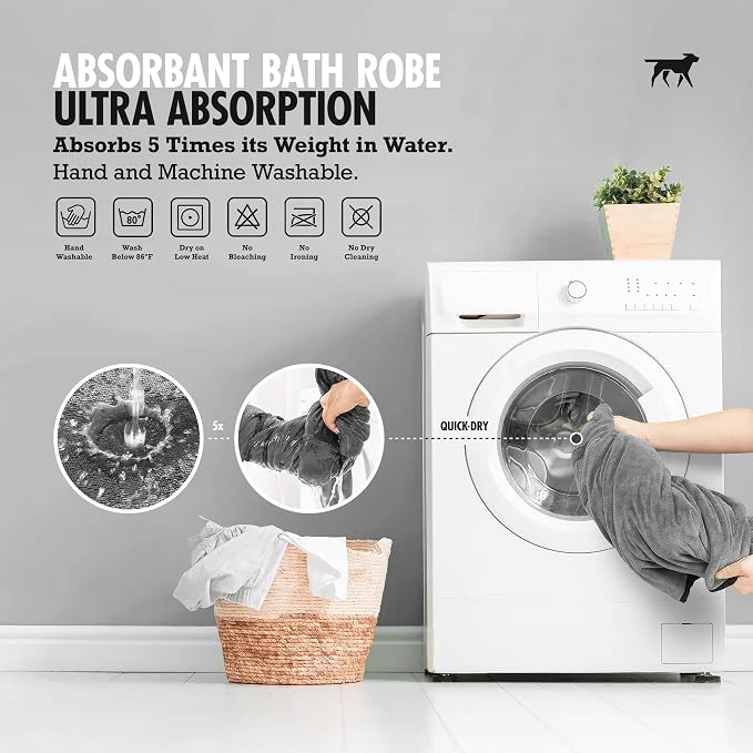 Tuff Pupper Fast Drying Dog Bath Robe | 800 GSM Plush Dog Towel Bathrobe/Dressing Gown | Super Absorbent Pet/Puppy Bathrobe | Adjustable Hood & Belly Strap | Super Soft | Fast Drying (M, Gray)