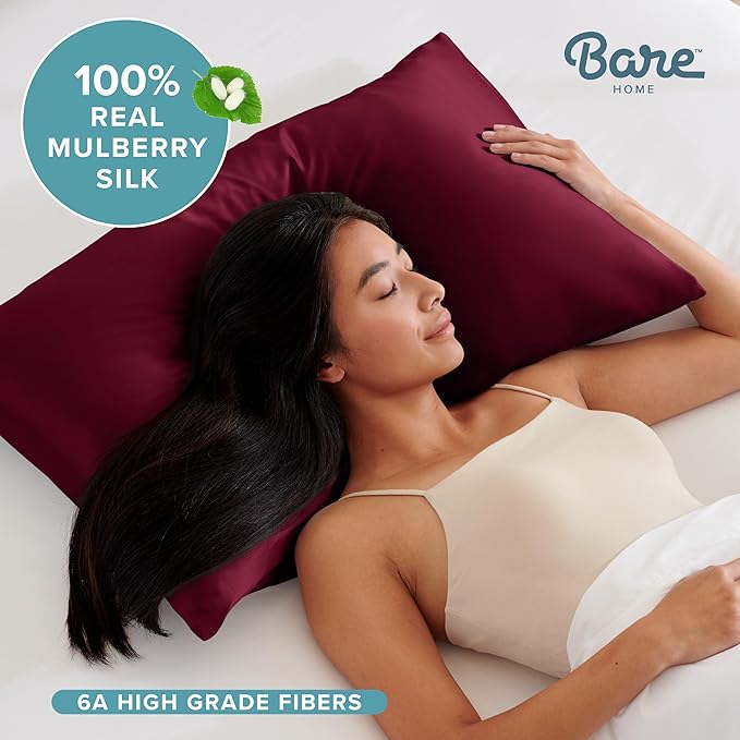 Bare Home 100% Mulberry Silk Pillowcase for Hair and Skin - Ultra Premium 6A Grade 19 Momme Silk Pillow Case - Hidden Zipper - Breathable Cooling Pillow Cover (King, Burgundy)
