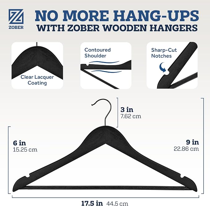 ZOBER Black Wooden Hangers - Heavy Duty, Non Slip Wood Hangers for Coats, Jackets, Suits, & Pants - Coat Hangers for Closet W/Bar and Notches 20 Pack