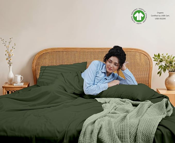 RUVANTI Flannel Sheets King Size - GOTS Certified 100% Organic Cotton, 4 Piece Warm, Soft & Breathable Set, Deep Pocket Snug Fit, Double Brushed Cozy All Season Bedding, Riffle Green
