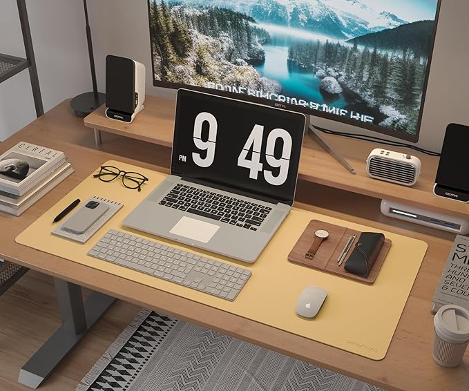 RENMTURE Desk Pad, Cork & PU Leather Desk Mat, Large Mouse pad, Non-Slip Desk Protector and Blotter, Waterproof Writing Pad, Desk Accessories and Organizers for Home Office (Light Yellow, 32"x16")