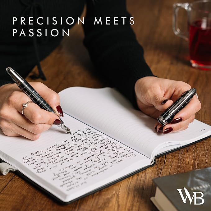 Wordsworth & Black Majesti Fountain Pen-(Checked), Luxury Case, Chrome Finish; Extra Fine Nib- Ink Cartridges, Refillable Ink Converter-Calligraphy Pen-Best Business Gift Set for Men & Women