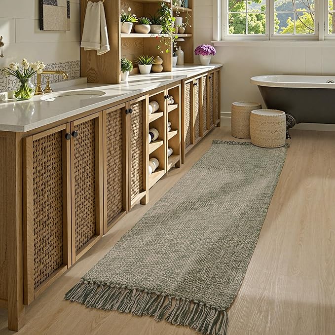 Collive Long Hallway Runner Rug 2.6' x 7', Washable Rugs Indoor Entryway Runner Rug, Modern Natural/Green Kitchen Runner Rugs Cotton Braided Low-Profile Bedroom Carpet for Laundry Room Bathroom