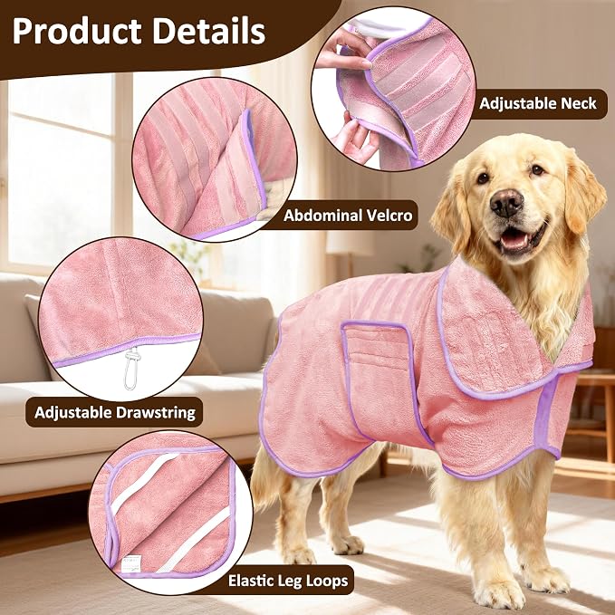 Soft Dog Bathrobe Fast Drying Dog Coat, Super Absorbent Dog Towels for After Bath, Microfiber Pet Robe Adjustable Collar & Belly Warm Keeping Dogs Coat for Pet Dogs & Cats (Pink, 3X-Large)