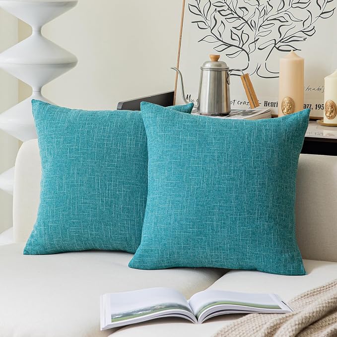 Kevin Textile Set of 2 Decorative Linen Pillowcases for Couch/Sofa/Bed/Car, Honey Yellow Striped Star Both Sides, 26x26-inch (66x66cm), Peacock Blue