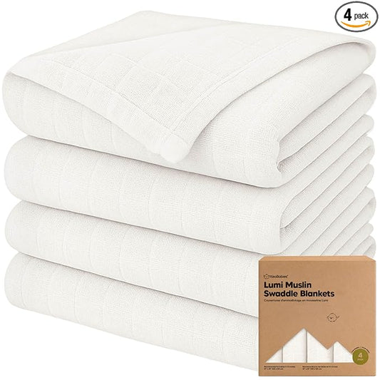 4-Pack Muslin Swaddle Blankets for Boys, Girls - Organic Baby Swaddles for Newborns, Soft & Breathable Receiving Baby Blankets for Girl, Boy, Neutral, Newborn Essentials Gift (Soft White)