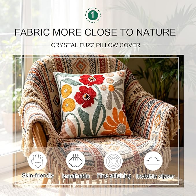 Embroidered Throw Pillow Cover 18x18 Inch,Cotton Canvas Floral Pillow Case, Daisy Wildflower Leaf Boho Farmhouse Decorative Cushion Square for Sofa Bedroom Living Room Outdoor Couch Farmhouse(A001)