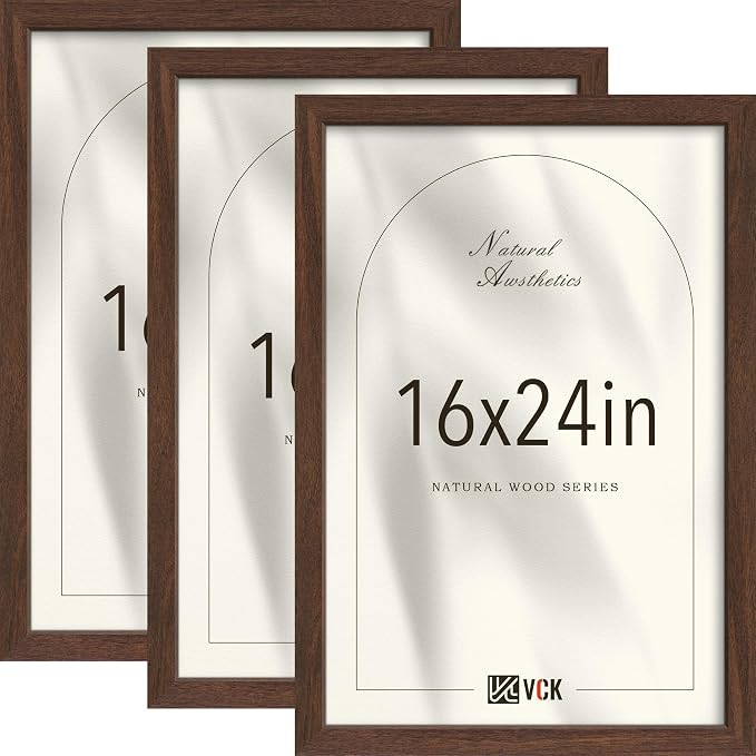 VCK 16x24 Poster Frame 3 Pack - Brown Solid Wood Picture Frames with Exclusive Wood Grain, Wall Hanging