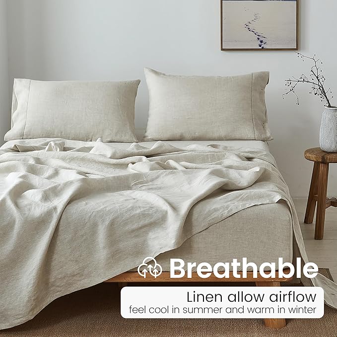 100% French Linen Pillowcases with Handmade Hemstitch Lace - Pack of 2 - Washed Solid Color Natural Flax Soft Breathable - Linen, 20'' x 30''