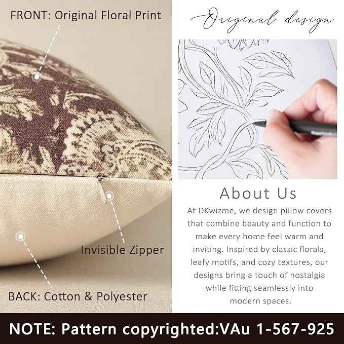 Vintage Floral Print Throw Pillow Covers 18x18 Set of 2 Neutral Modern Farmhouse Pillowcases Accent Decorative Cushion Covers Boho Home Decor for Couch Sofa Chair Bed Living Room, Oxblood