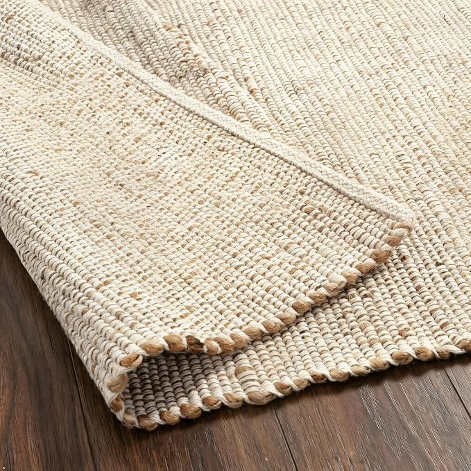 Natural Cotton Jute Area Rug 8x10 Feet – Rustic Vintage Bohemian Décor Handwoven Braided Farmhouse Rug for Living Room Bedroom & Dining Room