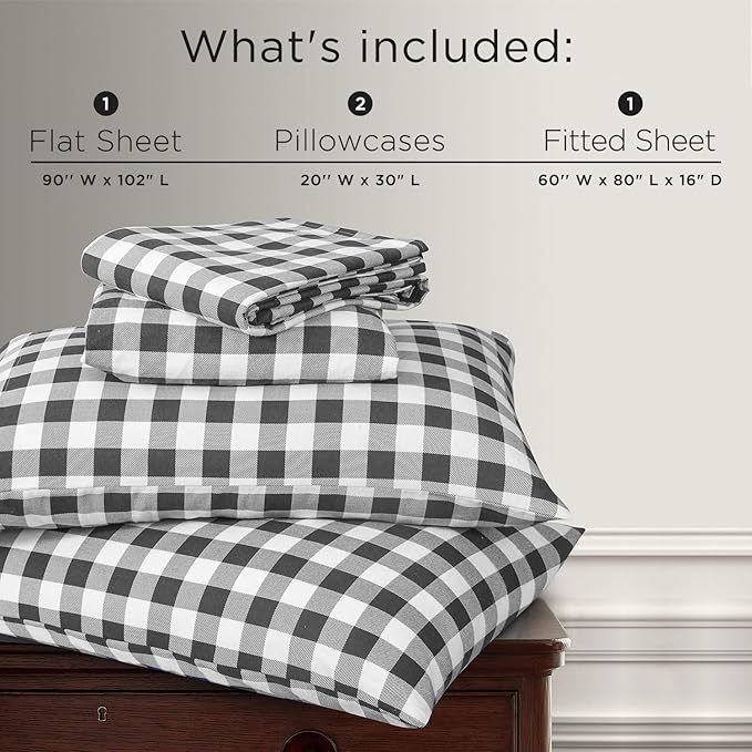 Briarwood Home® Printed Flannel Sheet Set, 100% Natural Cotton, Soft, Warm & Deep Pocket, Advanced Nano-Tech Making it Resistance to Pilling; Brushed 6 Times for Softness (Buffalo Grey, Queen)