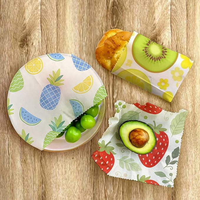 Reusable Beeswax Wraps, 9 Pack Sandwich, Bowl, Bread, Eco-Friendly, Organic, Sustainable, Zero Waste, Plastic-Free, 1XL, 3M, 5S, Fruit Pattern (Strawberry, Lemon, Kiwi, Pineapple)