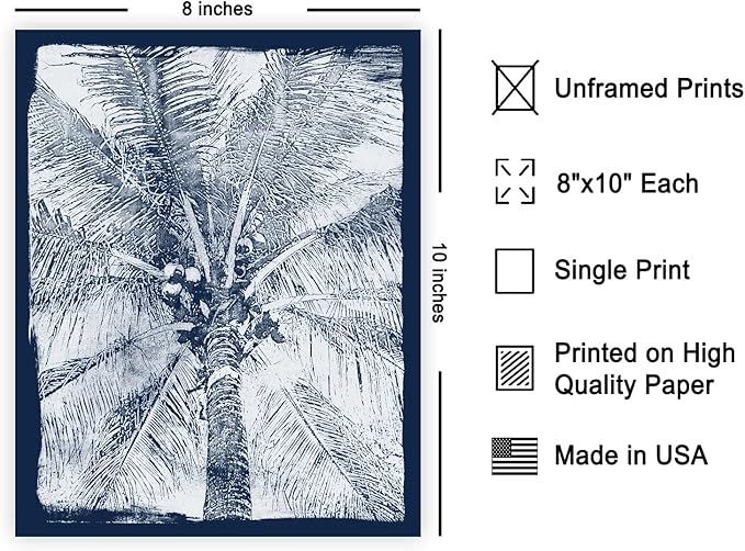 Monem Art Coastal Palm Tree Cyanotype Print - Blue and White Tropical Botanical Art Poster - Wall Decor for Beach House, Bedroom or Living Room - 8x10 Unframed Wall Art by Renee Stramel