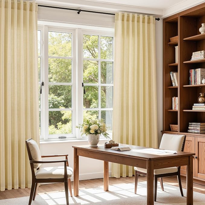 Nanspring Extra Long 120 Inch Curtains for Living Room Cream Yellow Linen Modern Farmhouse Privacy Sheer Curtains Back Tab and Rod Pocket Floor to Ceiling Curtain for Bedroom Office 52x120, 2 Panels