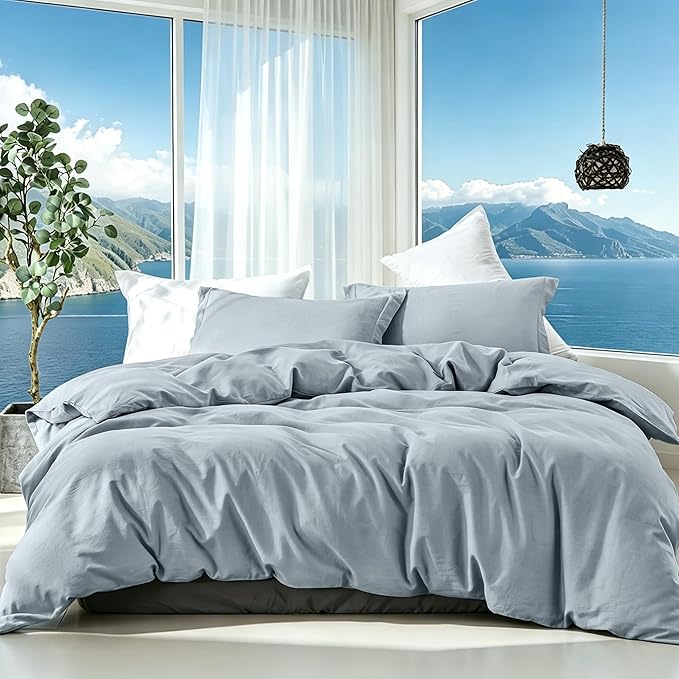 FALUCA French Linen Blend Duvet Cover Set 3Pcs Queen (88"x92") - Soft, Breathable, Cooling Farmhouse Bedding for Hot Sleeper (Queen, Cornflower Blue/Dusty Blue/Solid Sky Blue)