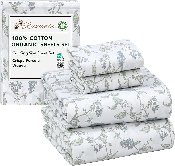RUVANTI 100% Cotton Organic Percale Sheets Cal King Size – Crisp Cooling Bed Sheets for Hot Sleepers, Deep Pocket 13”, Soft Peach Finish, Breathable & Durable Hotel-Style 4 Pcs, Vine Yard