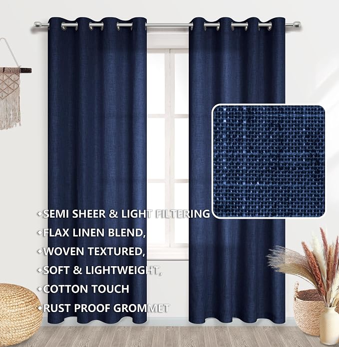 Pitalk Dark Blue Boy Bedroom Curtains 72 Inch Length Grommet Privavy Masculine Coastal Beach Nautical Decor Semi Sheer Light Filtering Sheer Window Drapes for Living Room Navy Blue
