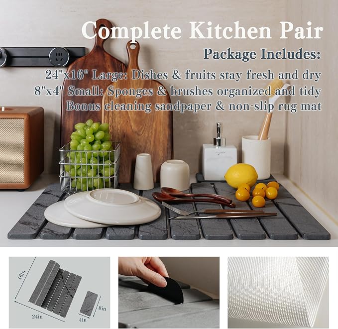 2pcs Stone Dish Drying Mat for Kitchen Counter, Quick-Dry Diatomaceous Earth Water Absorbent Pad & Countertop Drainer, Home Essentials for Bath and Pets - Marble Dark Grey, 24x16’’ & 8x4’’