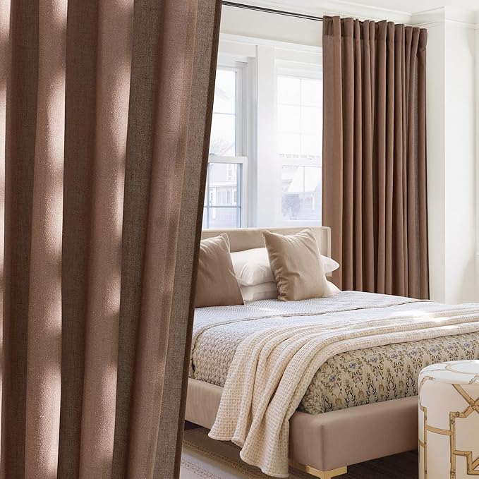 NICETOWN Flax Linen Gold Brown Curtains 108 inches Long, Rod Pocket & Back Tab Privacy Semi Sheer Privacy Added with Light Filtering Window Treatments for Living Room, W55 x L108, 2 Panels
