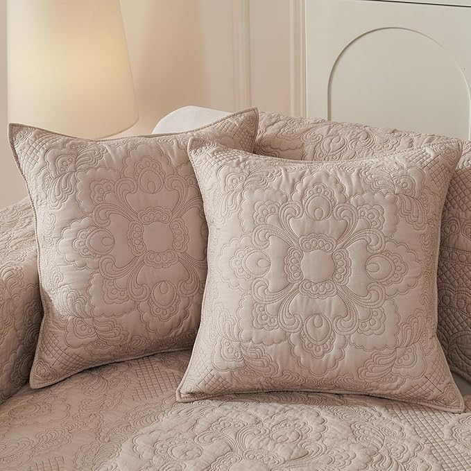vctops Set of 2 Decorative Cotton Quilted Throw Pillow Covers 18x18 Cozy Boho Farmhouse Embroidery Cushion Cover Soft Accent Pillowcase for Couch Sofa Bed (Khaki,18"x18")