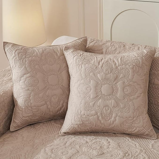 vctops Set of 2 Decorative Cotton Quilted Throw Pillow Covers 18x18 Cozy Boho Farmhouse Embroidery Cushion Cover Soft Accent Pillowcase for Couch Sofa Bed (Khaki,18"x18")