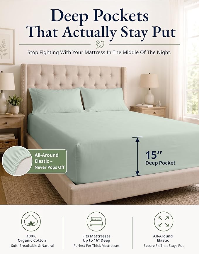 LANE LINEN Queen Size Fitted Sheet 100% Organic Cotton, Percale Weave, Low Pill Fade Resistant Eco Friendly Fully Elasticized Snug Fit Deep Pocket Queen Fitted (+Pillowcases) - Cool Blue