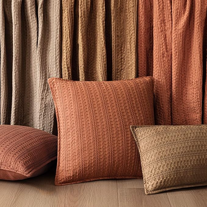 Foindtower Set of 2 Decorative Cotton Waffle Weave Throw Pillow Covers Euro Shams Cushion Covers Accent European Pillowcase for Bed Couch Sofa Bedroom Living Room Home Decor 22×22 Inch Orange Brown