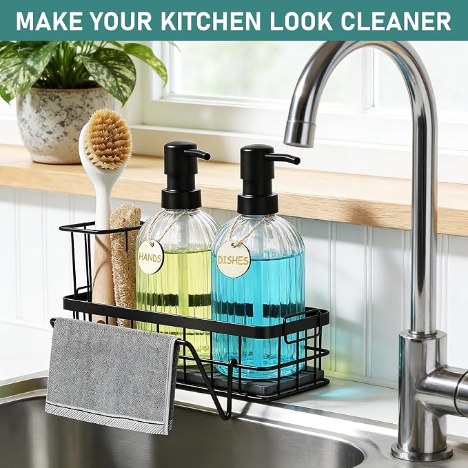 Hand and Dish Soap Dispenser Set, 14.4 oz/425 ml Dish Soap Dispenser, Dish Soap Dispenser with Sponge Holder & Diatomite Tray, for Countertop Organizer