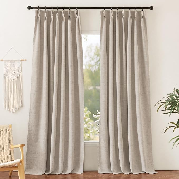 RYB HOME Pinch Pleated Full Blackout Curtains Linen Blended Window Curtains 96 inches for Living Room Bedroom Home Office Privacy Thermal Insulated Drapes, W 42 x L 96 inch, Beige, 2 Panels