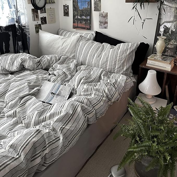 mixinni Vintage Gray & White Striped Duvet Cover Set - 3 Piece 100% Washed Cotton Full Size Bedding | Minimalist Gender-Neutral Design | Ultra-Soft Breathable, with Zipper Closure & Corner Ties