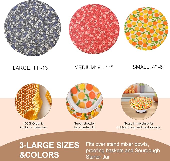 Reusable Bowl Covers for Bread Proofing - Beeswax Bowl Covers Reusable 3 Set, Cotton Blend Stretch Design, Fits 4-13 Inch Bowls, Shower Caps for Sourdough Bread, Dough Proofing & Food Storage（Leaves）