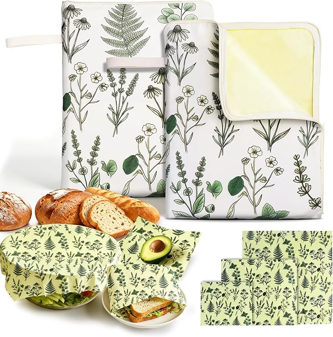 Reusable Beeswax Bread Bags & Wraps Set - 2 XL Sourdough Bags (17“x13") with Wide Zipper & Handle - 3 Beeswax Wraps for food, Cheese, Fruit, Veggie - Breathable Bread Storage, 5 Pack