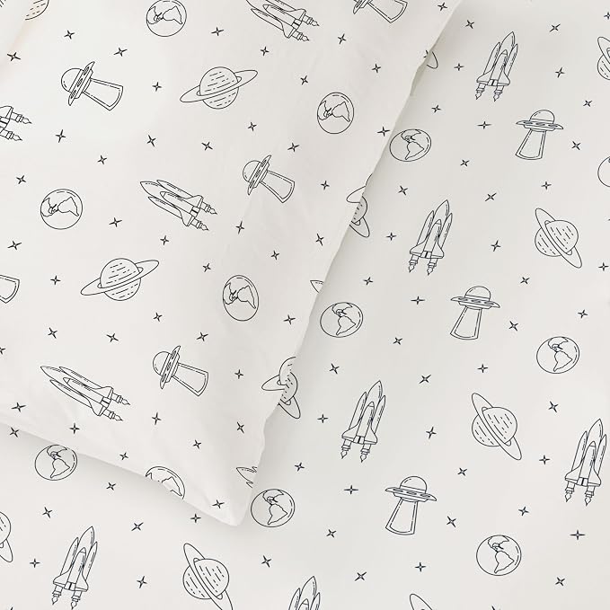 MakeMake Organics Organic Full Fitted Sheet Set GOTS Certified Organic Cotton Fitted Sheet with Pillowcase Ultra Soft Non Toxic Breathable Hypoallergenic Outer Space Celestial (Full, Astronaut)