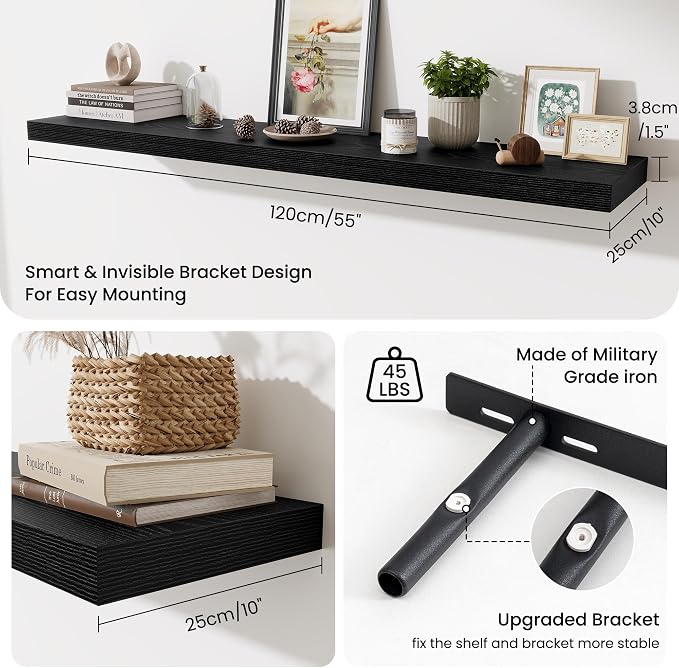 Fun Memories 55 Inch Fireplace Mantel Shelf, 10 Inch Deep Shelves for Display & Wall Storage, Rustic Wood Wall Shelf, Extra Long Floating Shelves for Living Room Laundry Room, Black, Set of 2