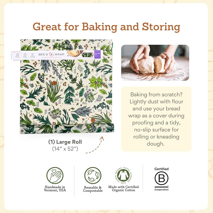 Bee's Wrap Beeswax Wraps for Food - Cut to Size 14x52" Beeswax Wrap Roll - Made in USA Reusable Natural Food Wrap - Herb Garden Print